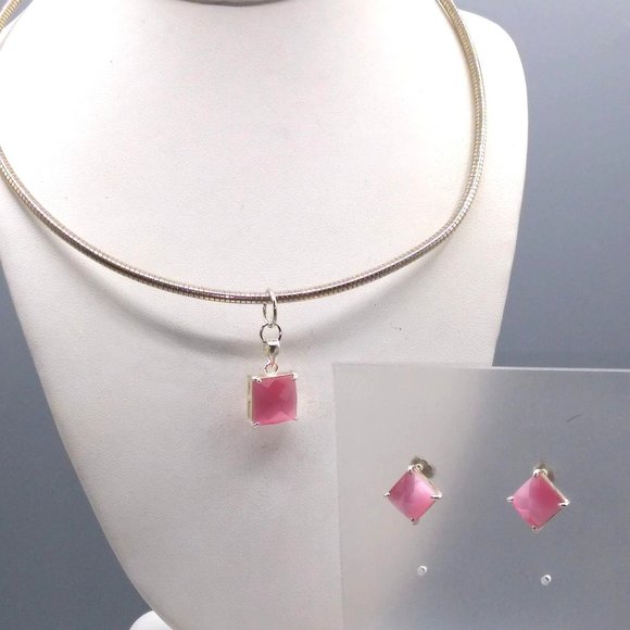 Vintage Omega Collar Necklace Parure, Silver Tone with Faceted Cushion Cut Pink - Picture 1 of 4